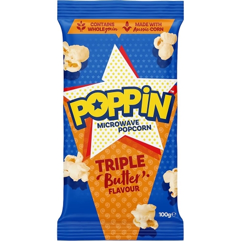 BẮP RANG BƠ LÒ VI SÓNG POPPIN Microwave Popcorn - Triple Butter Flavour, BẮP ÚC, 78% Whole Grain, Gluten Free, 100g