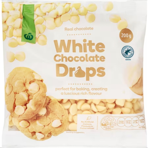 HẠT SOCOLA CHIPS TRẮNG NƯỚNG BÁNH Woolworths Chocolate Baking WHITE DROPS, 200g