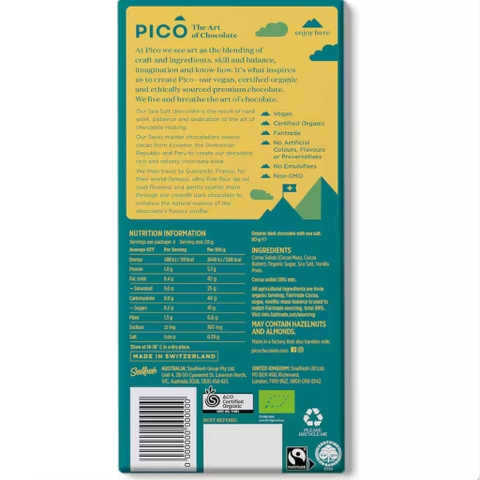 THANH SOCOLA THỤY SĨ - HỮU CƠ Pico Organic Chocolate Bar, Sea Salt, 80g