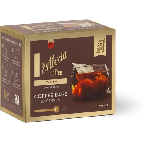 HỘP 20 TÚI LỌC CAFE Vittoria Coffee Bags Italian Blend, 100% ARABICA, Intensity 11, 114g