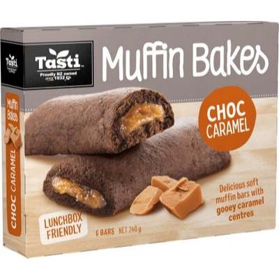 HỘP 6 THANH BÁNH  Tasti Muffin Bakes NHÂN KEM SOCOLA Choc Fudge & Choc Caramel 6 x 40g, 240g
