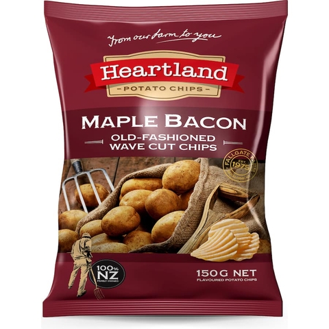 CHIP KHOAI TÂY GIÒN Heartland Chips New Zealand, THỊT XÔNG KHÓI Maple Bacon / GÀ / KEM CHUA, 150g