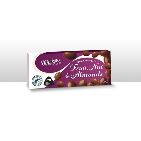 HỘP SOCOLA ĐEN / SỮA / TRẮNG Waikato Valley Chocolates, DARK / MILK / WHITE ALMONDS, FRUIT NUT, 200g