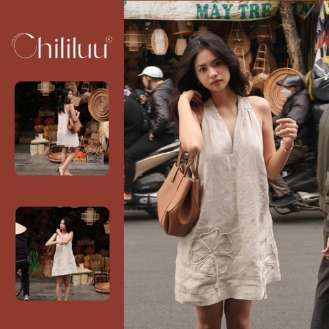 Váy ngắn nữ Chililuu váy linen sát nách cổ V khoét sâu trang trí nơ hoa phong cách tiểu thư thanh lịch