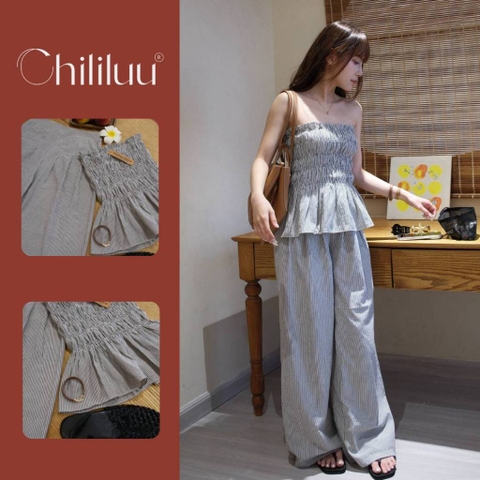 Set quần áo kẻ sọc Chililuu set áo quây nhún kèm quần suông ống rộng phong cách sang chảnh