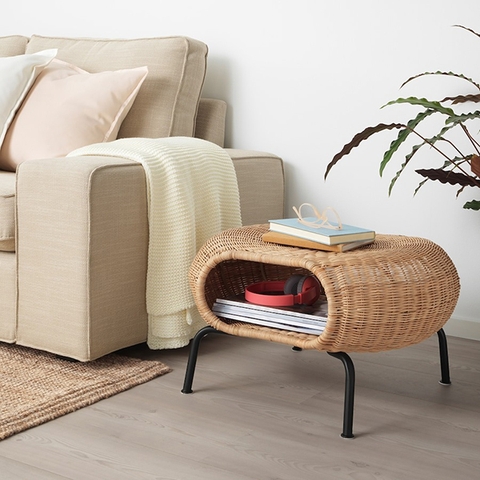 Bàn mây đan hình bầu dục chân kim loại