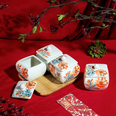 Bộ hũ sứ đựng mứt kẹo hình vuông phong cách châu Âu