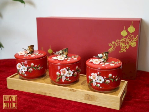 Bộ 3 hũ đựng mứt sứ hoa đắp nổi mạ vàng VIP