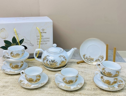 Bộ ấm chén in cảnh vàng kim