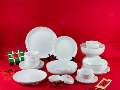 Bộ bát đĩa đựng đồ ăn viền chỉ vàng