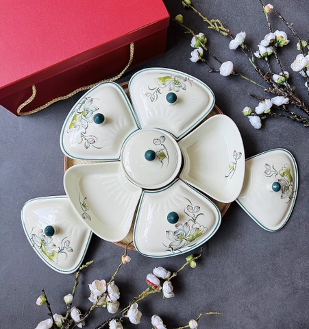 Khay mứt sứ hình hoa 6 ngăn