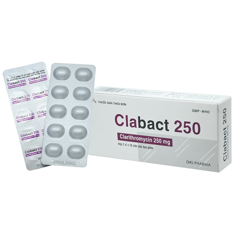 Thuốc Clabact 250 điều trị nhiễm khuẩn đường hô hấp, viêm amidan, viêm tai giữa (hộp 2 vỉ x 10 viên)