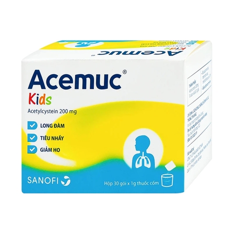 Thuốc cốm Acemuc Kids 200mg Sanofi long đàm, tiêu nhầy, giảm ho (hộp 30 gói x 1g)