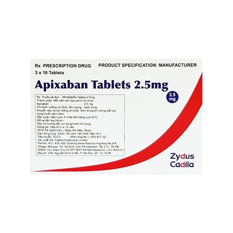 Thuốc Apixaban Tablets 2.5 mg dự phòng nguy cơ đột quỵ và tắc mạch hệ thống (hộp 3 vỉ x 10 viên)