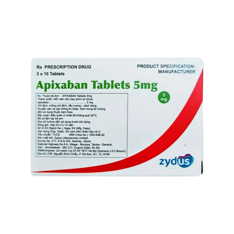 Thuốc Apixaban Tablets 5 mg dự phòng nguy cơ đột quỵ và tắc mạch hệ thống (hộp 1 chai x 30 viên)