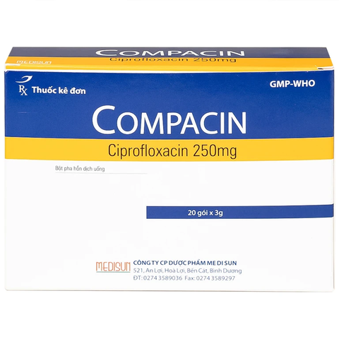 Bột pha hỗn dịch uống Compacin 250mg dùng cho các nhiễm khuẩn do các vi khuẩn nhạy cảm (hộp 20 gói x 3g)