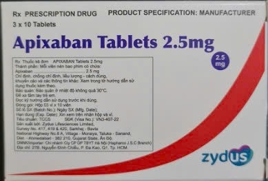 Thuốc Apixaban Tablets 2.5 mg dự phòng nguy cơ đột quỵ và tắc mạch hệ thống (hộp 3 vỉ x 10 viên)