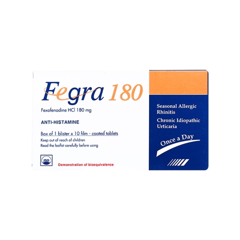 Thuốc Fegra 180mg điều trị viêm mũi dị ứng, mề đay (hộp 1 vỉ x 10 viên)