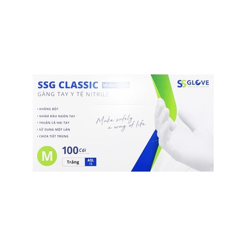 Găng tay cao su y tế màu trắng không bột phủ Nitrile size M (hộp 100 cái)