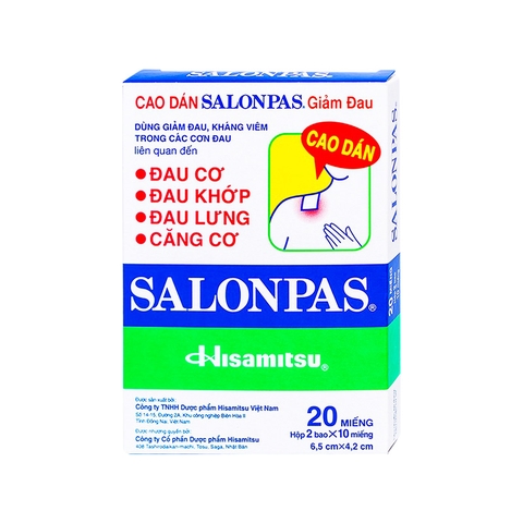 Cao dán Salonpas giảm đau vai, đau lưng, đau cơ (hộp 2 bao x 10 miếng)