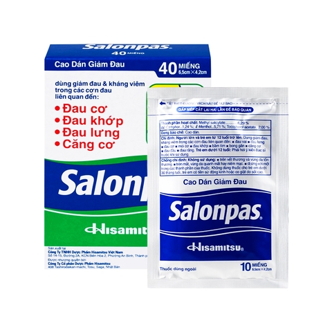 Cao dán Salonpas giảm đau vai, đau lưng, đau cơ (hộp 4 bao x 10 miếng)