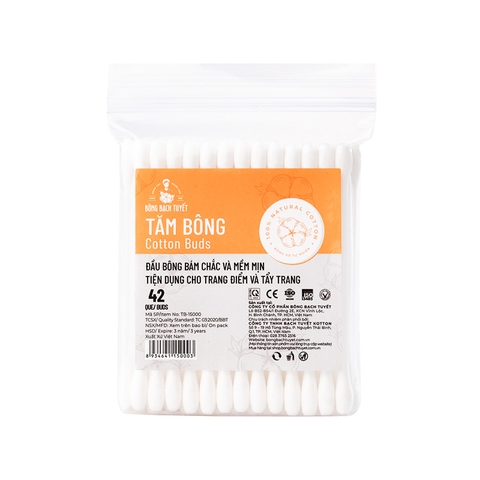 Tăm bông thân nhựa Bông Bạch Tuyết túi zip (gói 42 que)