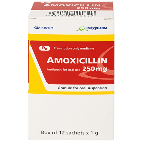 Thuốc cốm pha hỗn dịch uống Amoxicillin 250mg Imexpharm điều trị nhiễm khuẩn (hộp 12 gói x 1g)