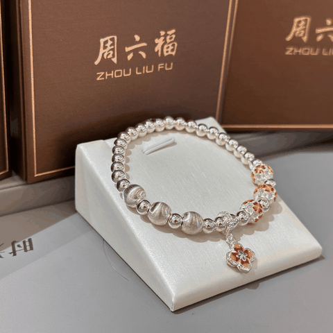 Vòng Tay Bạc Phong Cách Tân Trung Hoa Phối Charm Hoa - Cỏ Bốn Lá - Hạt Mắt Mèo