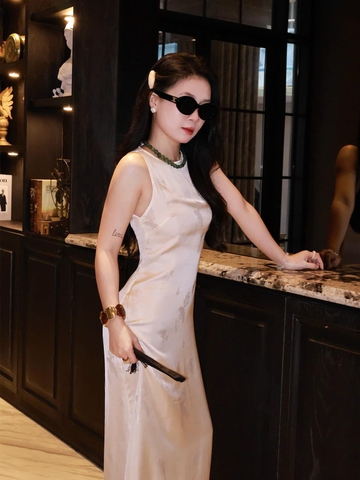 |DLD-025| HOA VŨ Đầm Gấm Ba Lỗ Form Dài