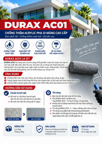 DURAX AC01: Chống Thấm Cao Cấp Pha Xi Cho Tường, Sàn Mái