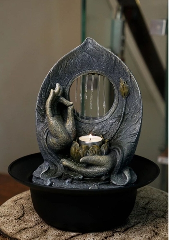 Thác Nước Phong Thủy Mini Để Bàn TNMKB09 – Hoa Sen & Bàn Tay Thiền Định Thanh Tịnh