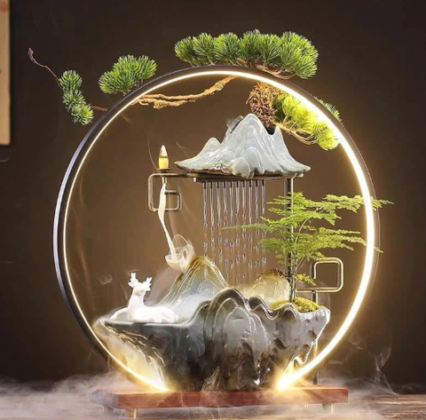 Tiểu Cảnh Thác Khói Trầm Hương Hươu Trắng May Mắn, Tài Lộc _KBPTTN034