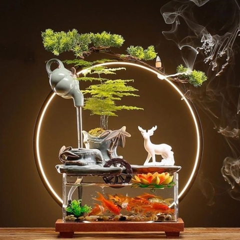Thác Nước Phong Thủy Bể Cá Mini Kết Hợp Trầm Hương _KBPTTN047 – Hòa Điệu Sinh Khí, Chiêu Tài Tụ Phúc