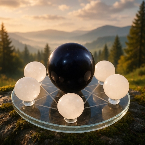 Thất tinh trận đồ đá thạch anh - Viên chủ Đá Obsidian  – Dụng thần thủy - hỷ thần kim