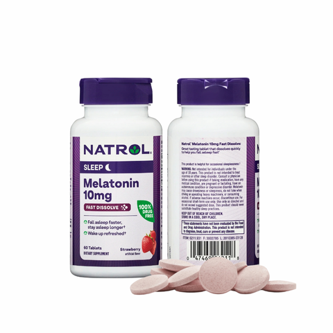 Kẹo ngậm ngủ Natrol Sleep Melatonin Fast Dissolve 10mg hỗ trợ ngủ ngon sâu giấc vị dâu 60 viên Mỹ