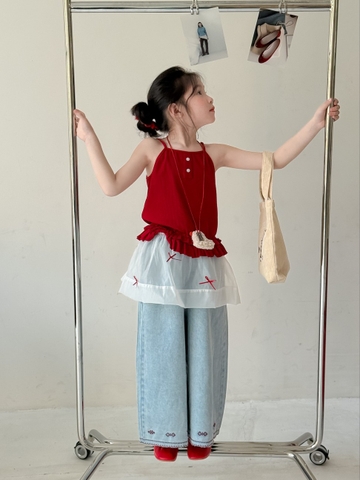 SET Dài Áo Dây Đỏ Quần Jean Quây Ren KM