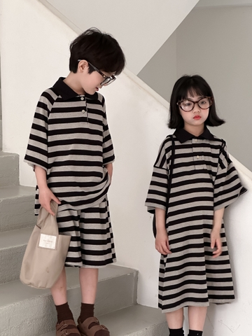 SET NGẮN POLO KẺ ĐEN XÁM KM