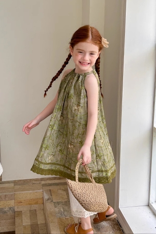 SET Dài Váy Hoa Xanh Quần Thun Kem Peach