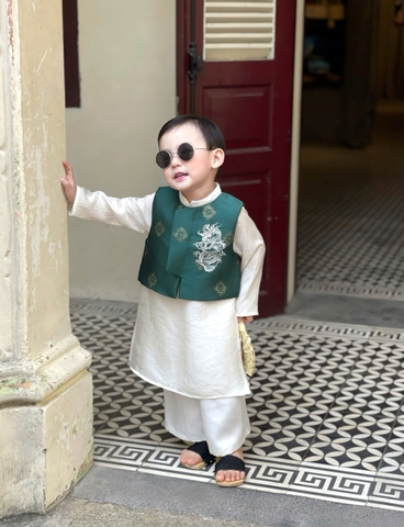 Set Áo Dài Kem Choàng Xanh Hình Rồng
