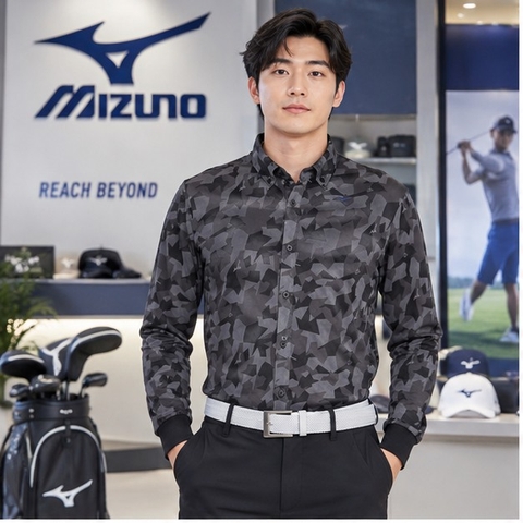 Áo Sơ mi Mizuno Chính Hãng - Golf wear mesh jacquard print long-sleeved ribbed - Màu Đen | JapanSport E2MA2003-08