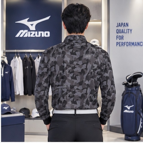 Áo Sơ mi Mizuno Chính Hãng - Golf wear mesh jacquard print long-sleeved ribbed - Màu Đen | JapanSport E2MA2003-08