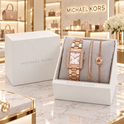 Set Đồng hồ Michael Kors Chính hãng - Emery Pavé Rose Gold-Tone Watch and Bracelet Gift Set - Màu Vàng Hồng | JapanSport MK7512SET