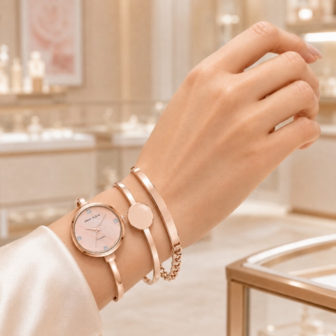 Set Đồng hồ Anne Klein Nữ Chính hãng - Bangle Watch and Bracelet Set - AK-5142BHST - Màu vàng hồng | JapanSport