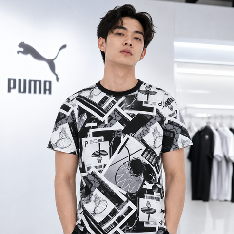 Áo Phông Puma Chính hãng - Hoops Graphic All-Over Print - Màu Trắng/Đen | JapanSport 682314-01