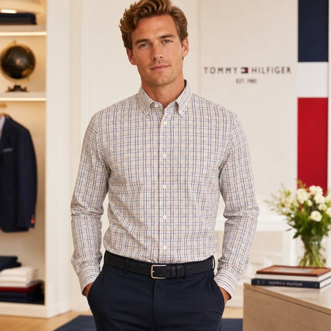 Áo sơ mi Tommy Hilfiger Chính hãng - Long Sleeve Patterned Dress Shirt - Màu Be | JapanSport TDFIB02F-618