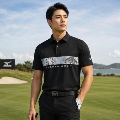 Áo Polo Mizuno Chính Hãng - Smooth Front Print Switching Collar Short Sleeve - Màu Đen | JapanSport E2GAB008-09