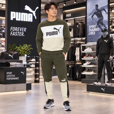 Bộ thể thao Puma Nam Chính Hãng - ESS + BLOCK Nam  - Màu xanh/be | JapanSport 849537+849561-64