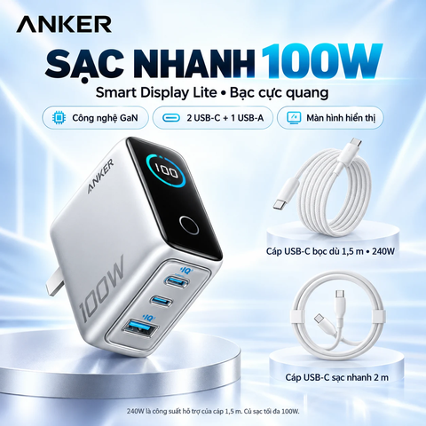 Bộ sạc Anker 100W Smart Display Lite – Kèm cáp USB-C 240W 1,5 m và cáp USB-C 2 m | JapanSport
