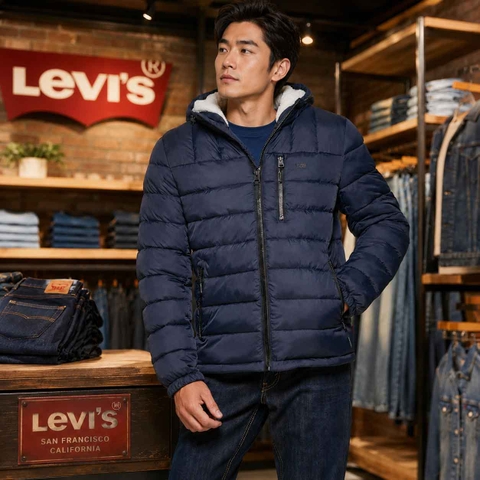 Áo Khoác Levi's Nam Chính Hãng - Quilted Puffer with Sherpa Lined Hood - Màu Xanh | JapanSport LM2RN076-mid