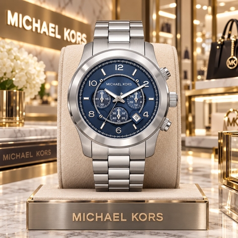 Đồng hồ Michael Kors Nam Chính hãng - Oversized Runway Silver-Tone Chronograph - Màu Bạc mặt xanh | JapanSport MK9105